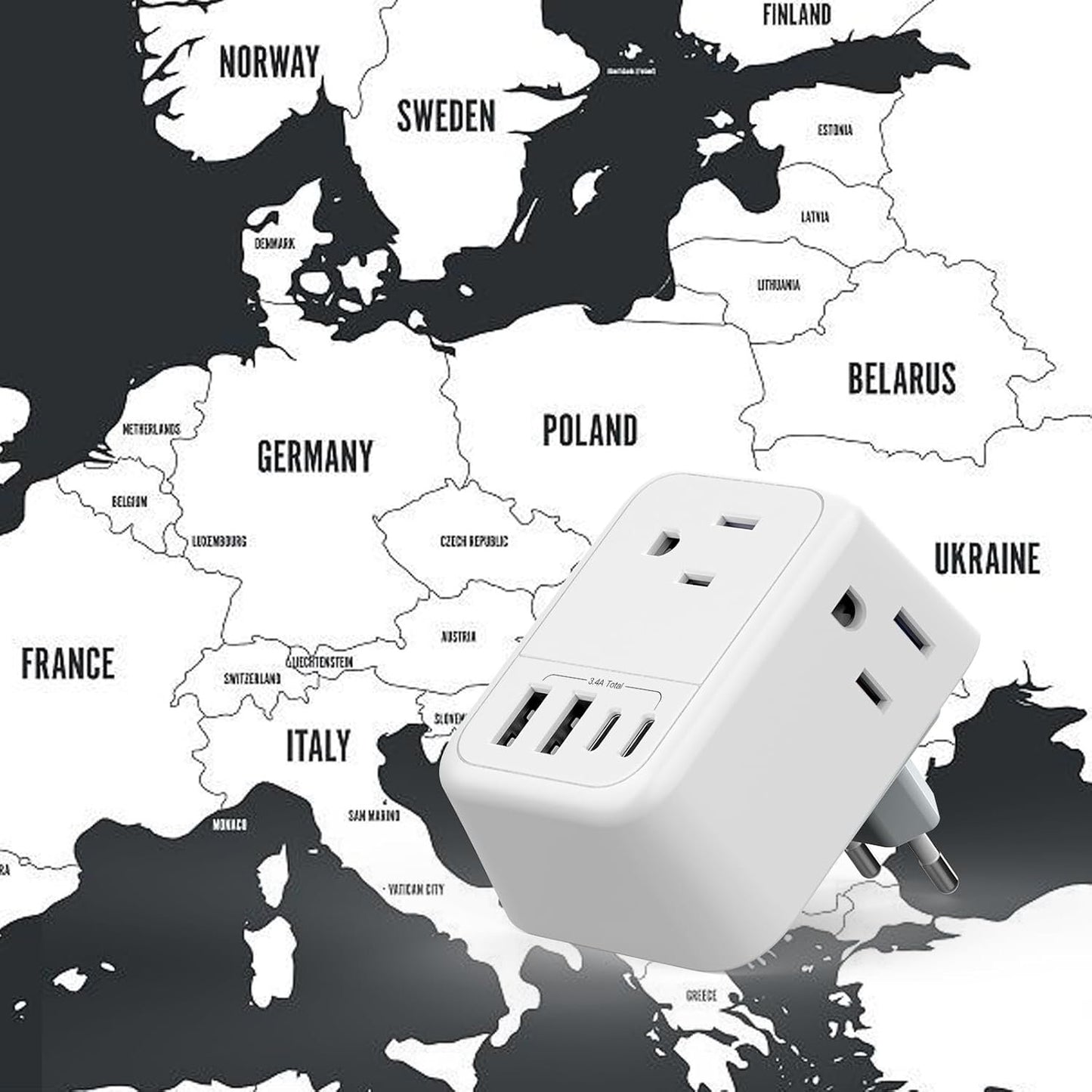 VYLEE Travel Plug Adapter with 4 AC Outlets and 4 USB Ports - European and International Power Adapter, Type C Plug Adapter Travel Essentials to Most Europe EU Spain Italy France Germany [1 Pack]