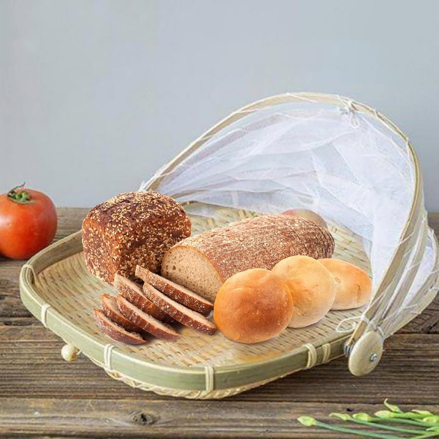 Fruit Basket with Cover 15x15 in Square Woven Bamboo Bread Basket with Lid Dust-Proof Mesh Wicker Food Serving Tent for Picnic Vegetable Fruits Meals
