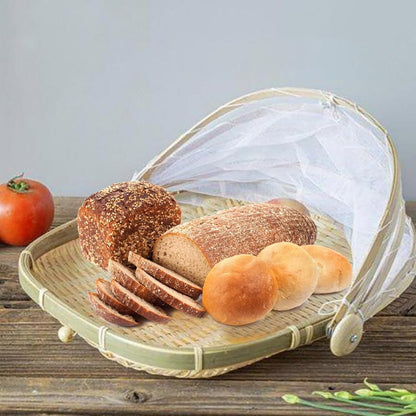 Fruit Basket with Cover 15x15 in Square Woven Bamboo Bread Basket with Lid Dust-Proof Mesh Wicker Food Serving Tent for Picnic Vegetable Fruits Meals