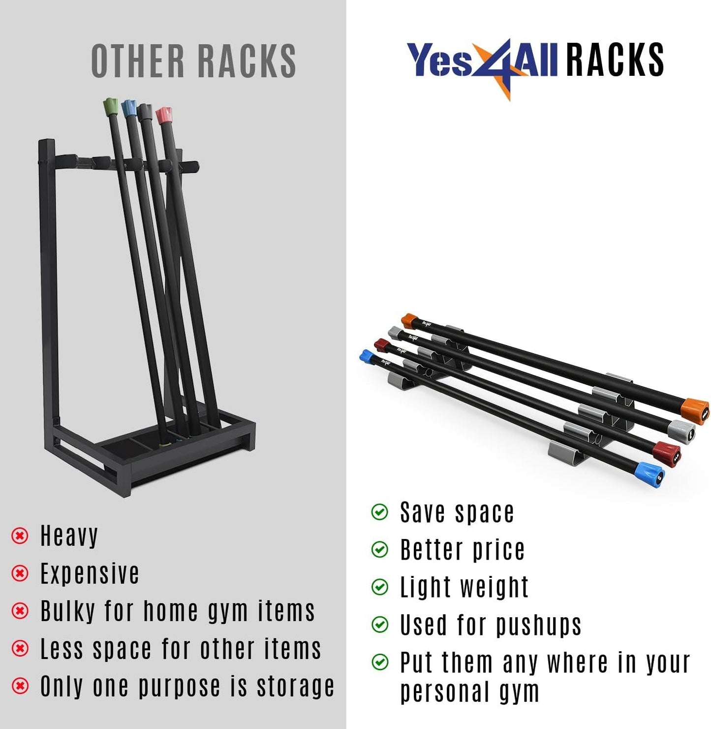 Yes4All Weighted Bar Rack/Weighted Bar Holder Storage for Home Gym, Garage Gym, Fitness Accessory Suitable for Holding Weighted Bars, Aerobic Bars - Pair