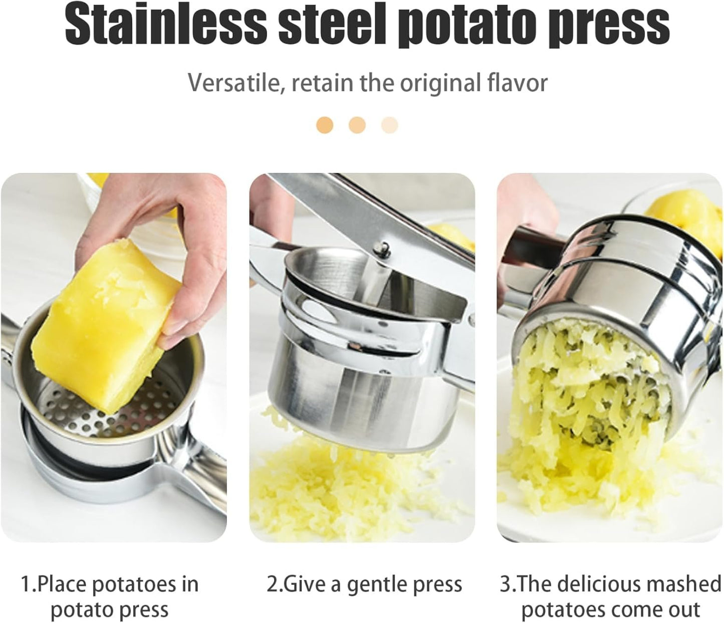 Maschera di patate in acciaio inossidabile di patate ricer con pressa da frutta multiuso a 3 buche, utensili da cucina e gadget per purè di, cibi per bambini, succo di limone