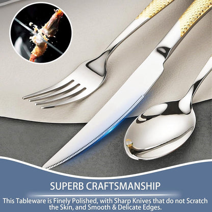 Gold Silverware Set, 24 Pieces Flatware Set with Silverware Holder, Stainless Steel Knives and Forks and Spoons Cutlery Set for 6, Kitchen Utensil Tableware Set with Antiskid Handle (Golden & Silver)