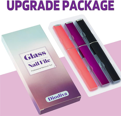 3 Pack Crystal Glass Fingernail File with Case for Natural Nail Professional Czech Glass File Double-Sided Etched Gentle Nail Care Stocking Stuffers for Women or Adults, Unique Gifts