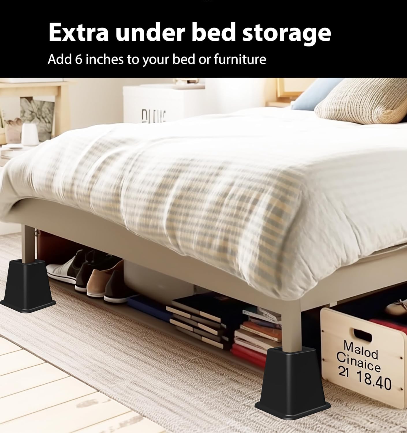 OXENDURE 6" Bed Furniture Riser - Versatile Bed and Furniture Risers - Heavy Duty - Supports 300lbs Each, Set of 4, Black