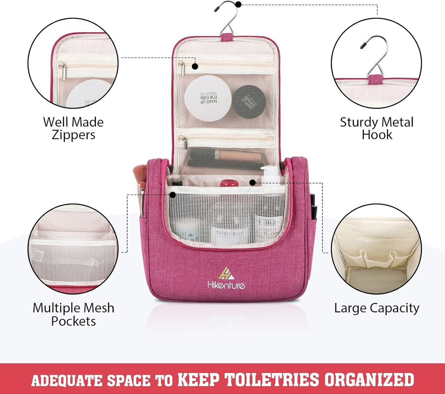 Hikenture Toiletry Bag for Women,Travel Toiletries Bag, Hanging Cosmetic Bag for Makeup,Water-Resistant Bathroom Shower Bag Travel Organizer Trousse De Toilette Voyage(Pink)