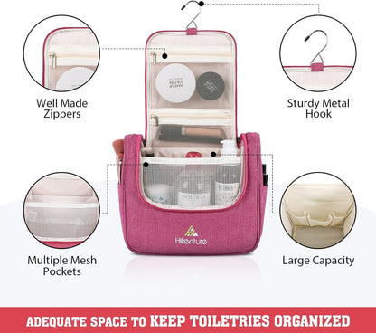 Hikenture Toiletry Bag for Women,Travel Toiletries Bag, Hanging Cosmetic Bag for Makeup,Water-Resistant Bathroom Shower Bag Travel Organizer Trousse De Toilette Voyage(Pink)