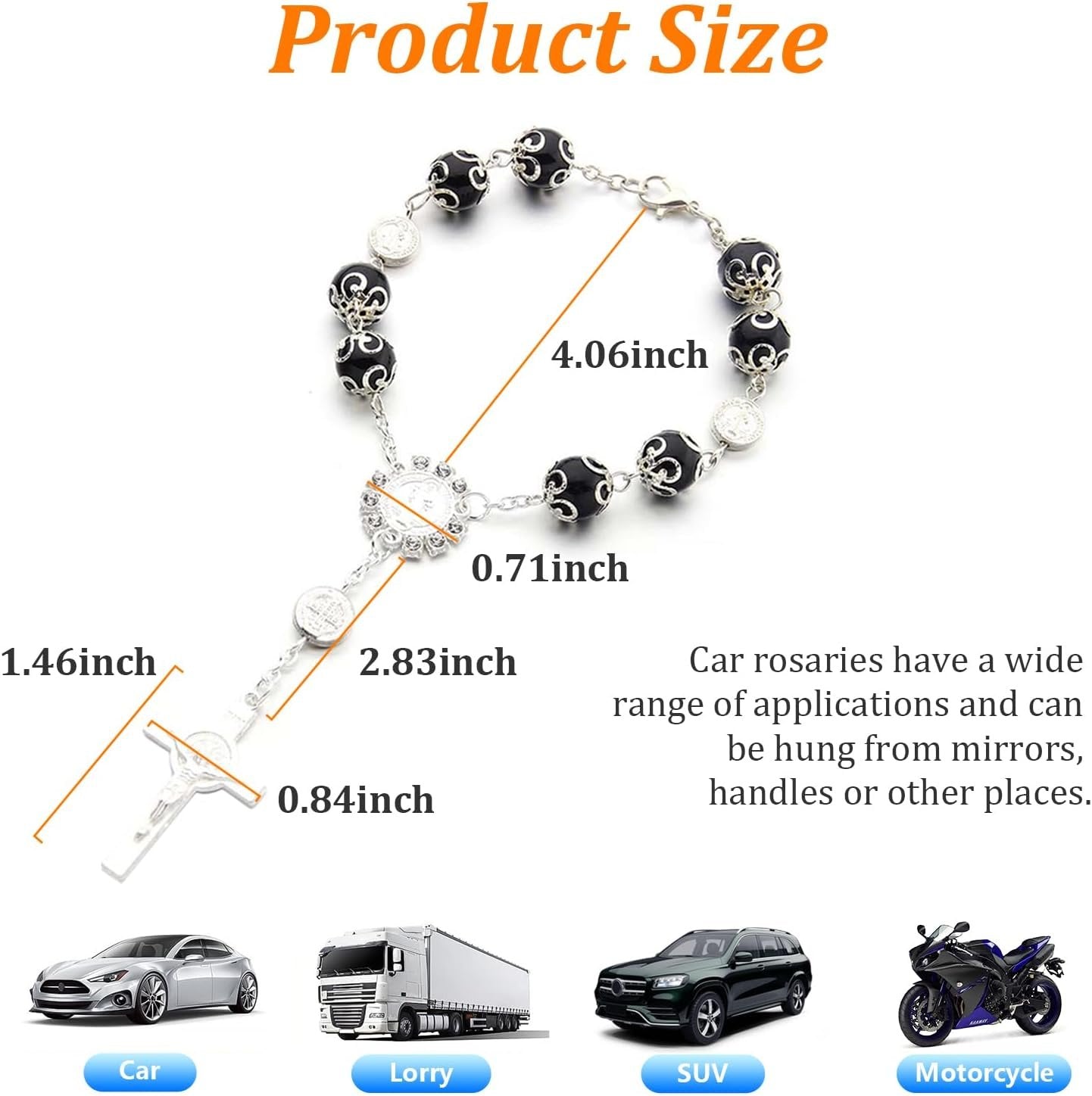 Ziciner 2 Car Rosary for Rearview Mirror, Personalized Blessing Rear View Mirror Hanging Decor, Auto Rosary Pendant, Car Interior Accessory (Black & Silver)