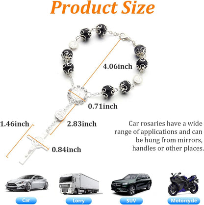 Ziciner 2 Car Rosary for Rearview Mirror, Personalized Blessing Rear View Mirror Hanging Decor, Auto Rosary Pendant, Car Interior Accessory (Black & Silver)