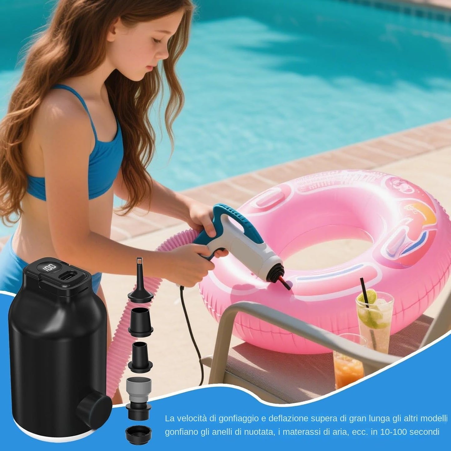 Air Pump, Electric LED Inflator, Portable Five-Nozzle Design, Compact Lightweight Build, Portable Blower for Sleeping Bags, Swimming Gear, Travel, Camping Use, 2.05x3.74 Inches
