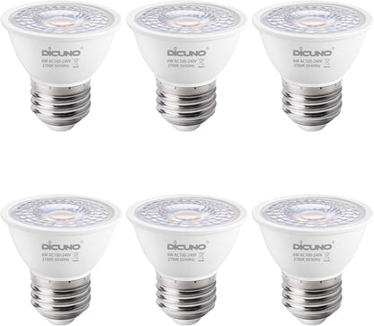 DiCUNO E27 LED Spotlight 6W, PAR16 LED Reflector Bulbs, Warm White 2700K, 50W Halogen Replacement, 500LM, CRI 90, Short Neck Light Bulb for Recessed Light, Non-dimmable, 60° Beam Angle, Pack of 6