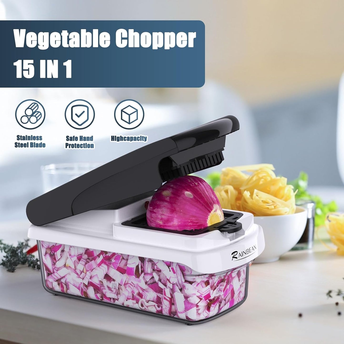 Vegetable Chopper - Mandoline Slicer, Onion Veggie Food Chopper with Container, Cucumber Potato Slicer, Salad Chopper Tool, 15 in 1 Kitchen Gadgets, Perfect for House Warming Gifts