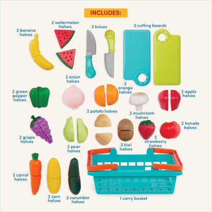 Battat – Farmers Market Basket – Toy Kitchen Accessories – Pretend Cutting Play Food Set for Toddlers 3 Years + (37-Pcs)