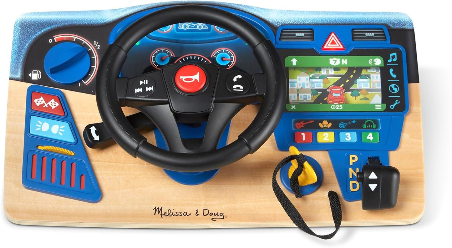 Melissa & Doug Vroom & Zoom Interactive Wooden Dashboard Steering Wheel Pretend Play Driving Toy | Kids Activity Board, Toddler Sensory Toys For Ages 3+ Blue