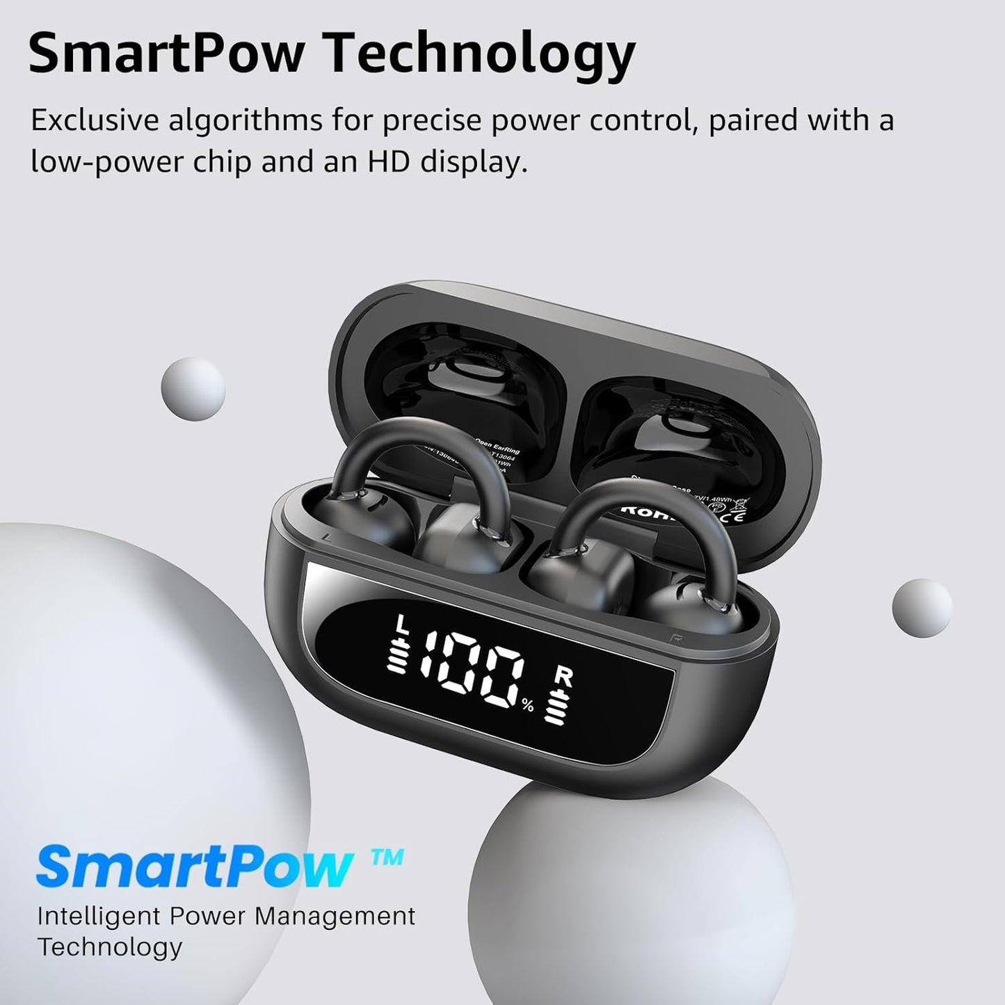 TOZO New OpenEarRing True Open Ear Headphones, Lightweight Comfort Open Ear Clip Wireless Earbuds, 40H Play Bluetooth 5.4 Headphones with Smart Digital Display Design Fit Sports Running, Workout Black