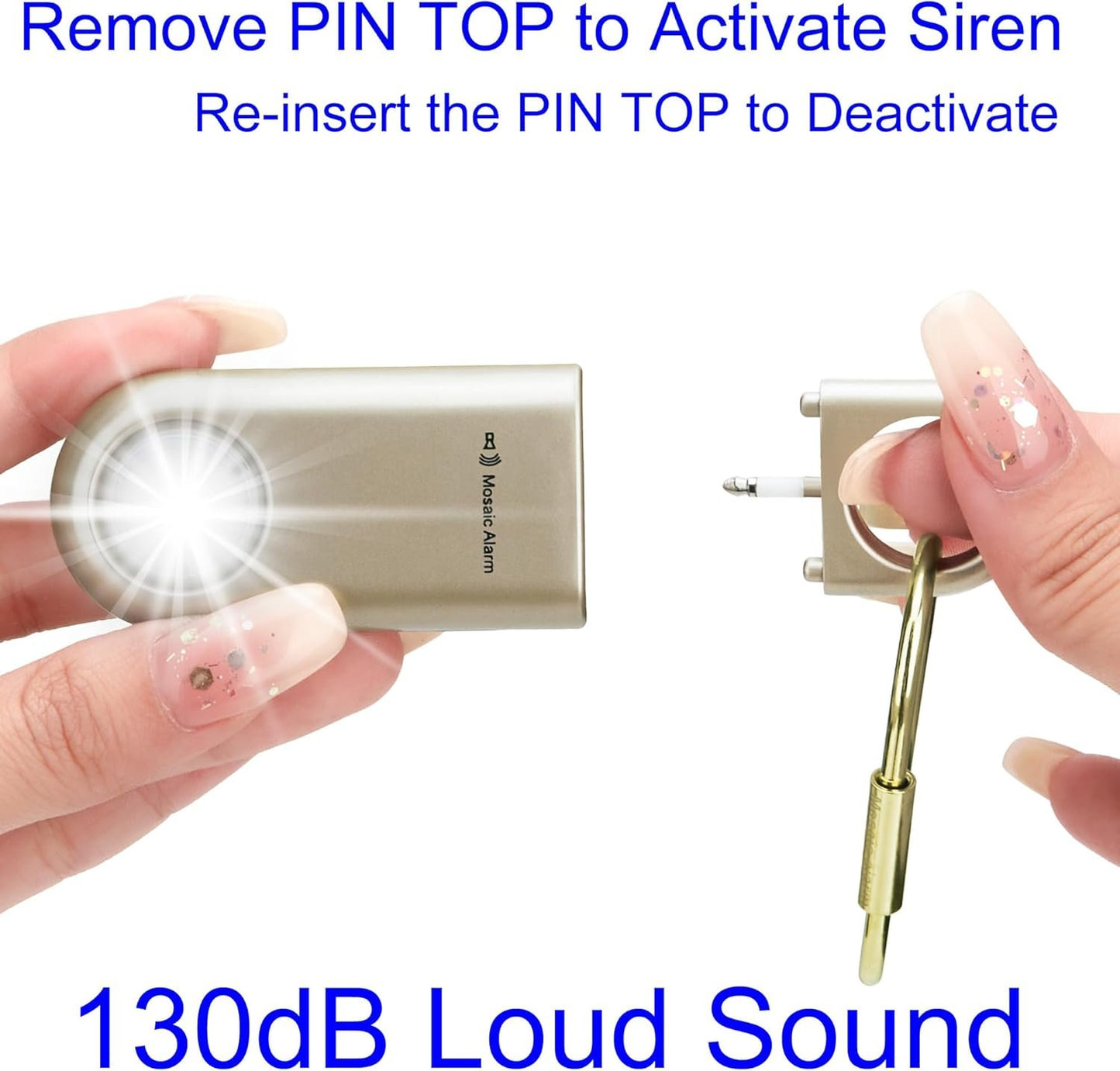 130dB Personal Safety Alarm Strobe Light. Loud Sound Keychain Siren with Carabiner for Women, College Students, Night Runners, Hiking. Bear Alarm Deterrent. SOS Emergency Self Defense Alerts. Gold