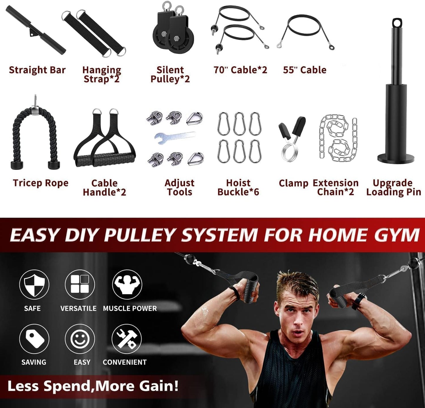 Cable Pulley System Gym, Upgraded Weight Pulley System with 3 Detachable Handles, LAT and Lift Pulley Attachments for Biceps Curl, Triceps, Chest Workout - DIY Home Gym Fitness Equipment