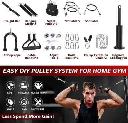Cable Pulley System Gym, Upgraded Weight Pulley System with 3 Detachable Handles, LAT and Lift Pulley Attachments for Biceps Curl, Triceps, Chest Workout - DIY Home Gym Fitness Equipment