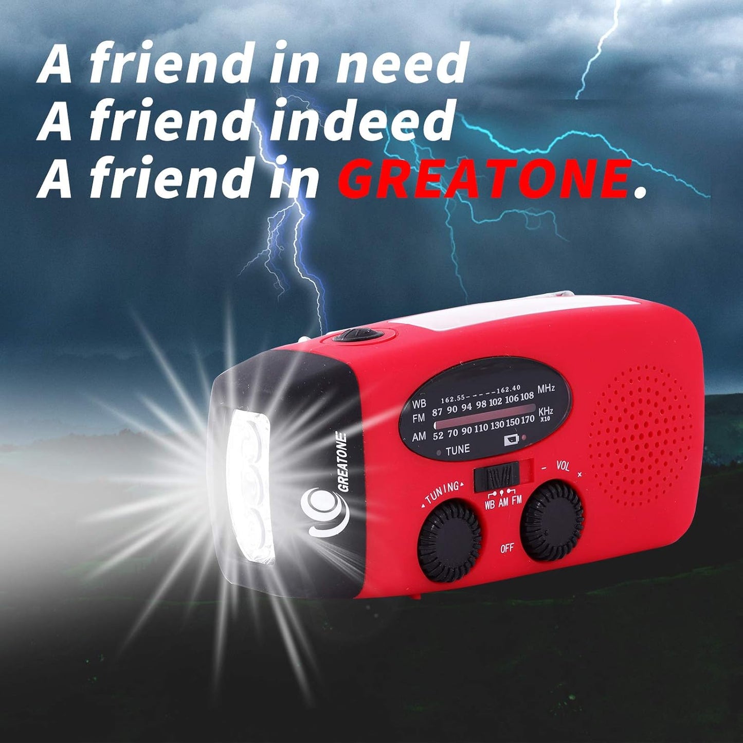 Great One Emergency Hand Crank Self Powered AM/FM NOAA Solar Weather Radio with LED Flashlight, 1000mAh Power Bank for iPhone/Smart Phone 088 red