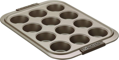 Anolon 12 Cup Advanced Bronze Nonstick Bakeware Muffin Pan with Silicone Grips, Brown