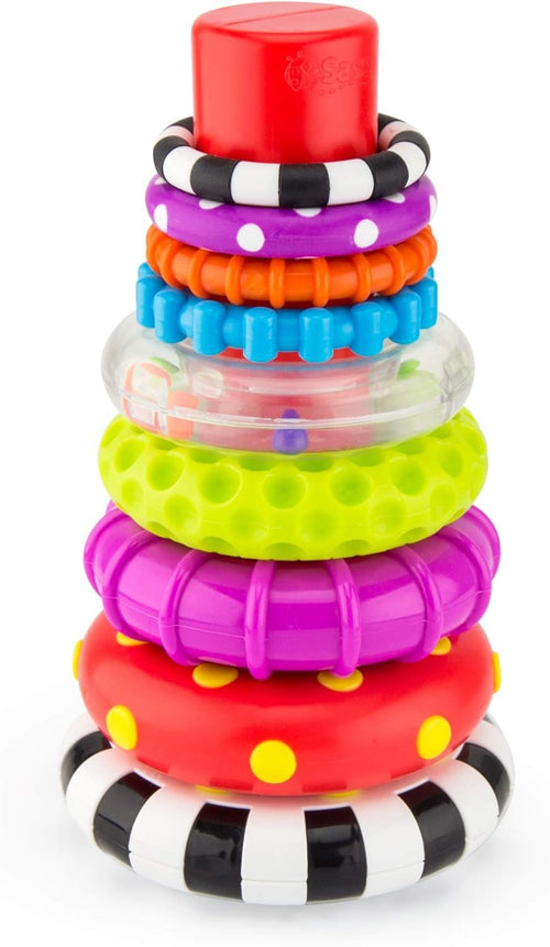 Sassy Stacks of Circles - Stacking Ring STEM Developmental Learning Toy - High Contrast Multicolored 9 Piece Set - For Ages 6+ Months