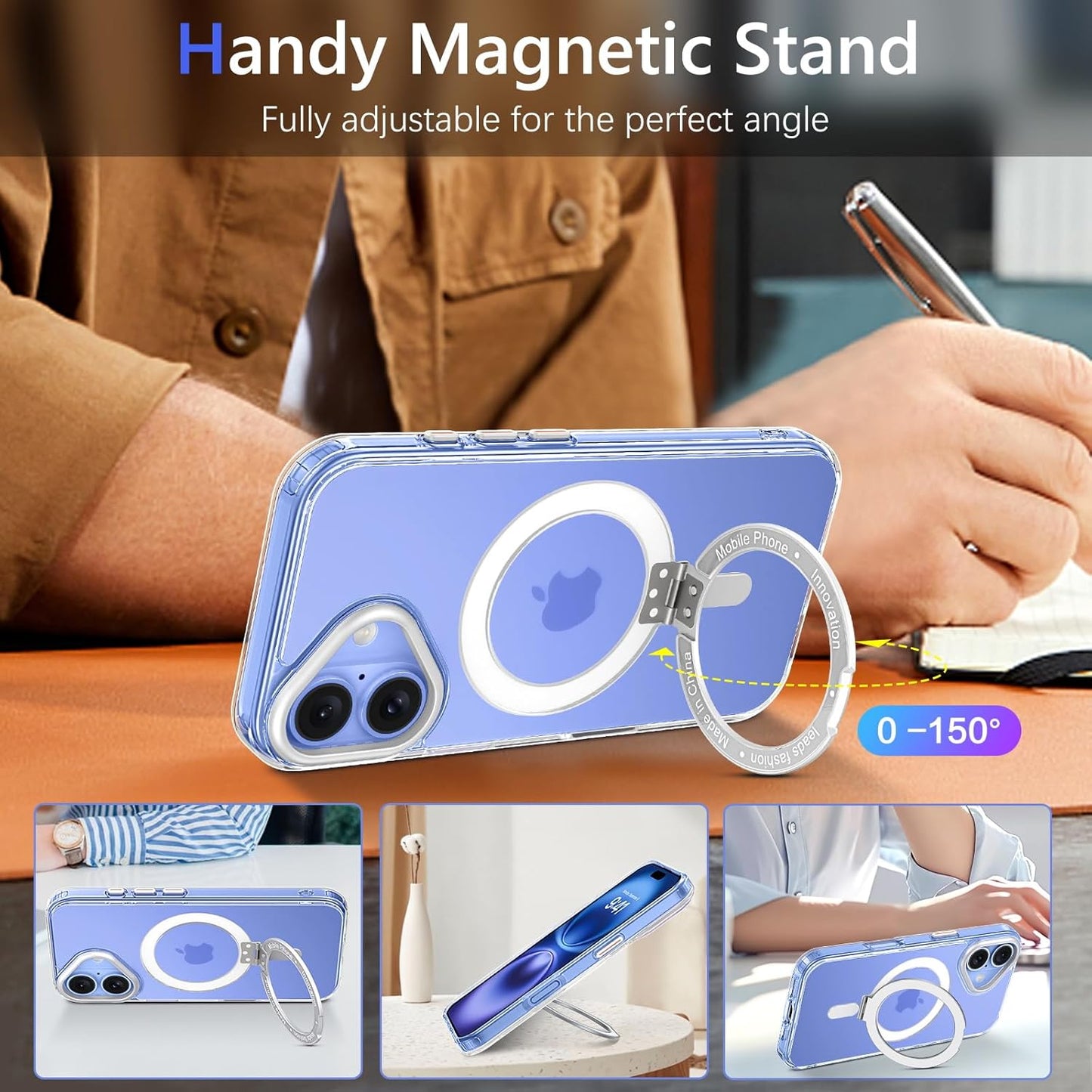 GUAGUA Magnetic for iPhone 16 Case with Kickstand, [Compatible with MagSafe] Phone Case Magnetic Anti-Slip Sturdy Stand Anti-Yellowing Matte Back Cover, Phone Case 6.1" with Ring Holder Clear