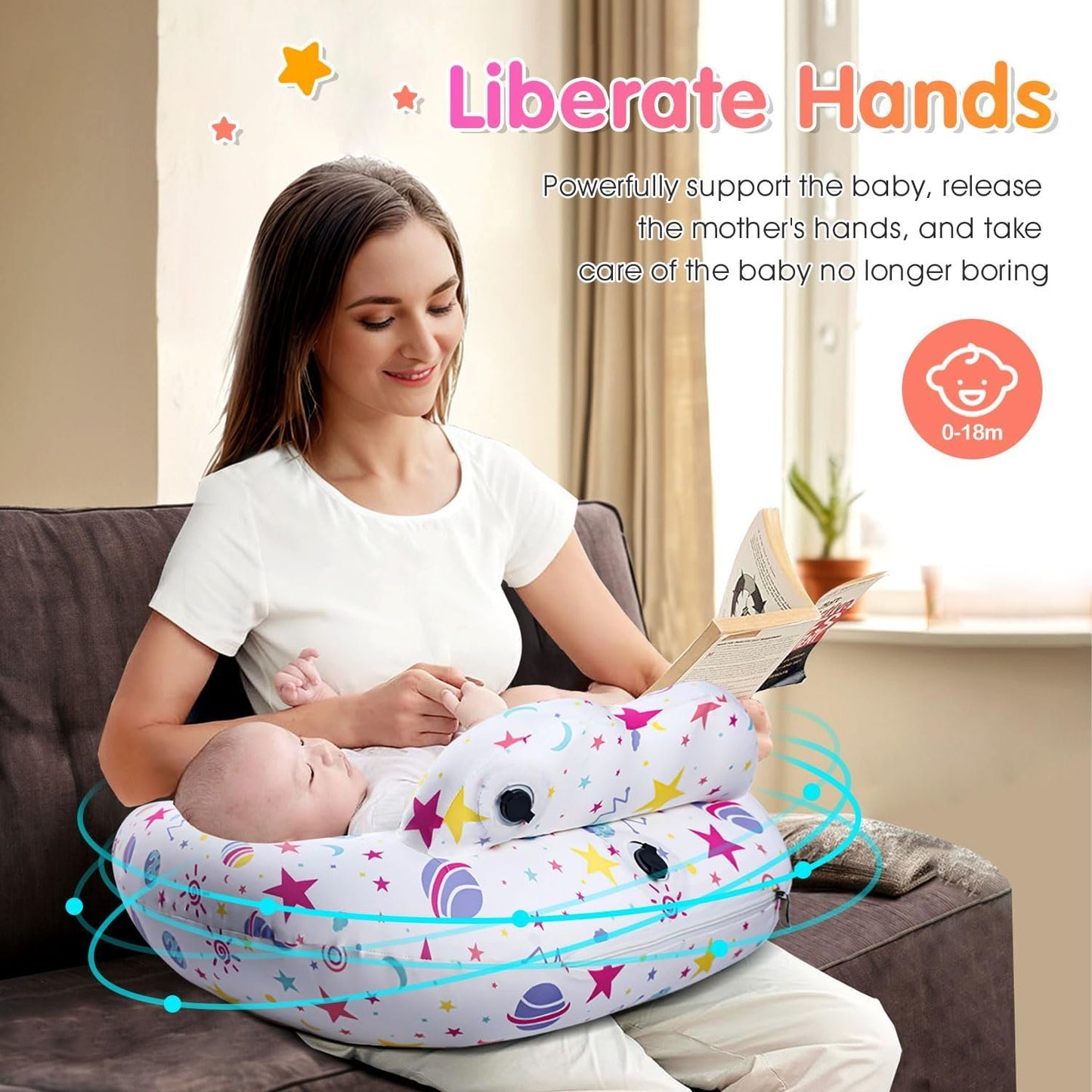 Portabuddy Travel Anywhere Inflatable Nursing Pillow for Breastfeeding Breast Feeding Pillow for Mom & Baby Support, Removable Pure Cotton Cover, Adjustable Waist Strap, Newborn Essentials Must Haves