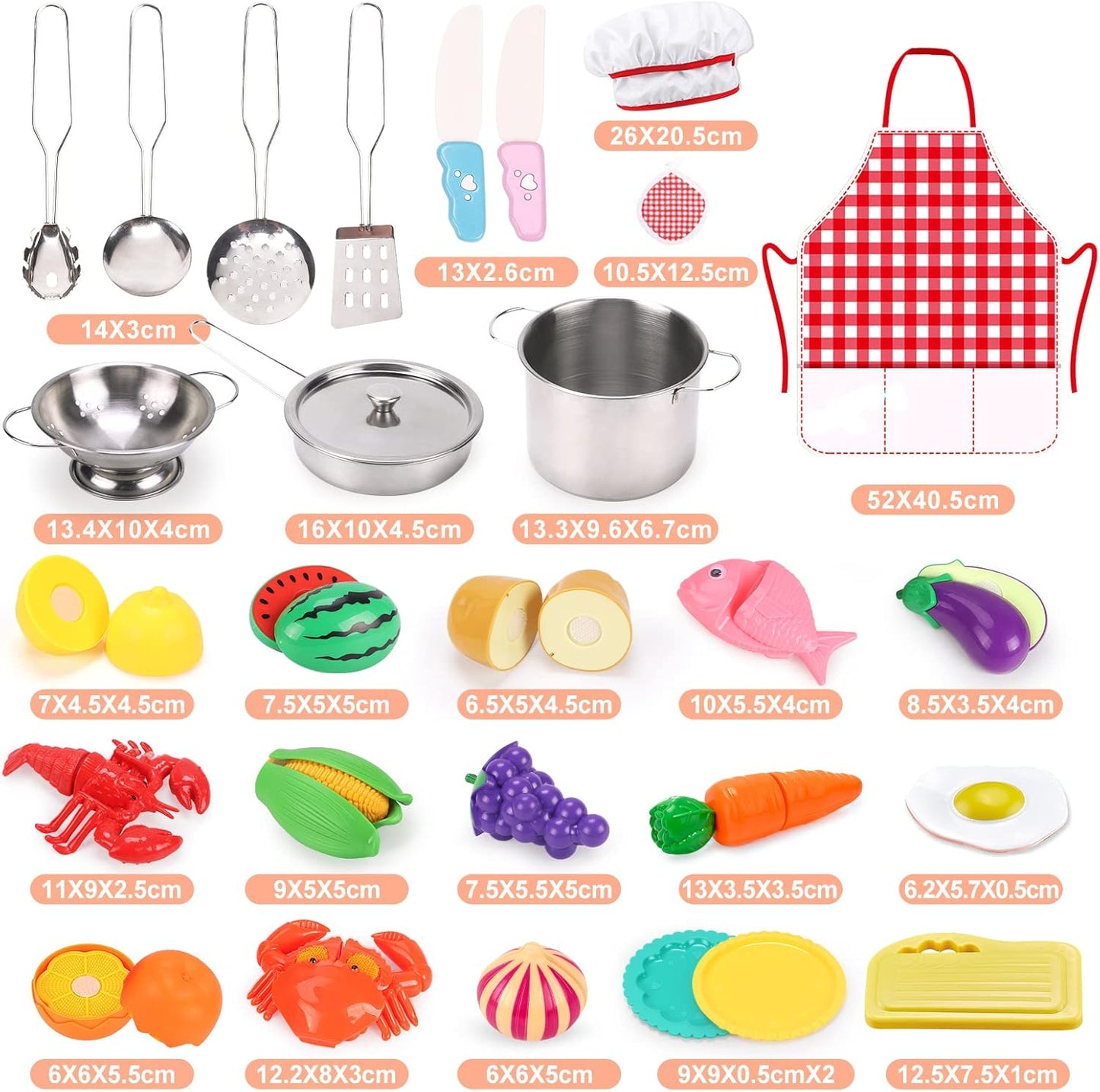 Qizebaby Kids Kitchen Pretend Play Toy Set with Stainless Steel Cookware, Cooking Utensils, Apron & Chef Hat, Cutting Fruits & Vegetables, Preschool Kitchen Play for Toddler Boys & Girls