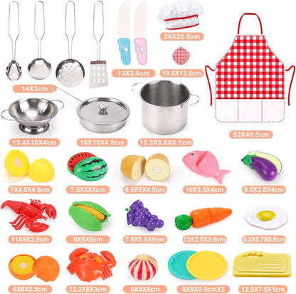Qizebaby Kids Kitchen Pretend Play Toy Set with Stainless Steel Cookware, Cooking Utensils, Apron & Chef Hat, Cutting Fruits & Vegetables, Preschool Kitchen Play for Toddler Boys & Girls