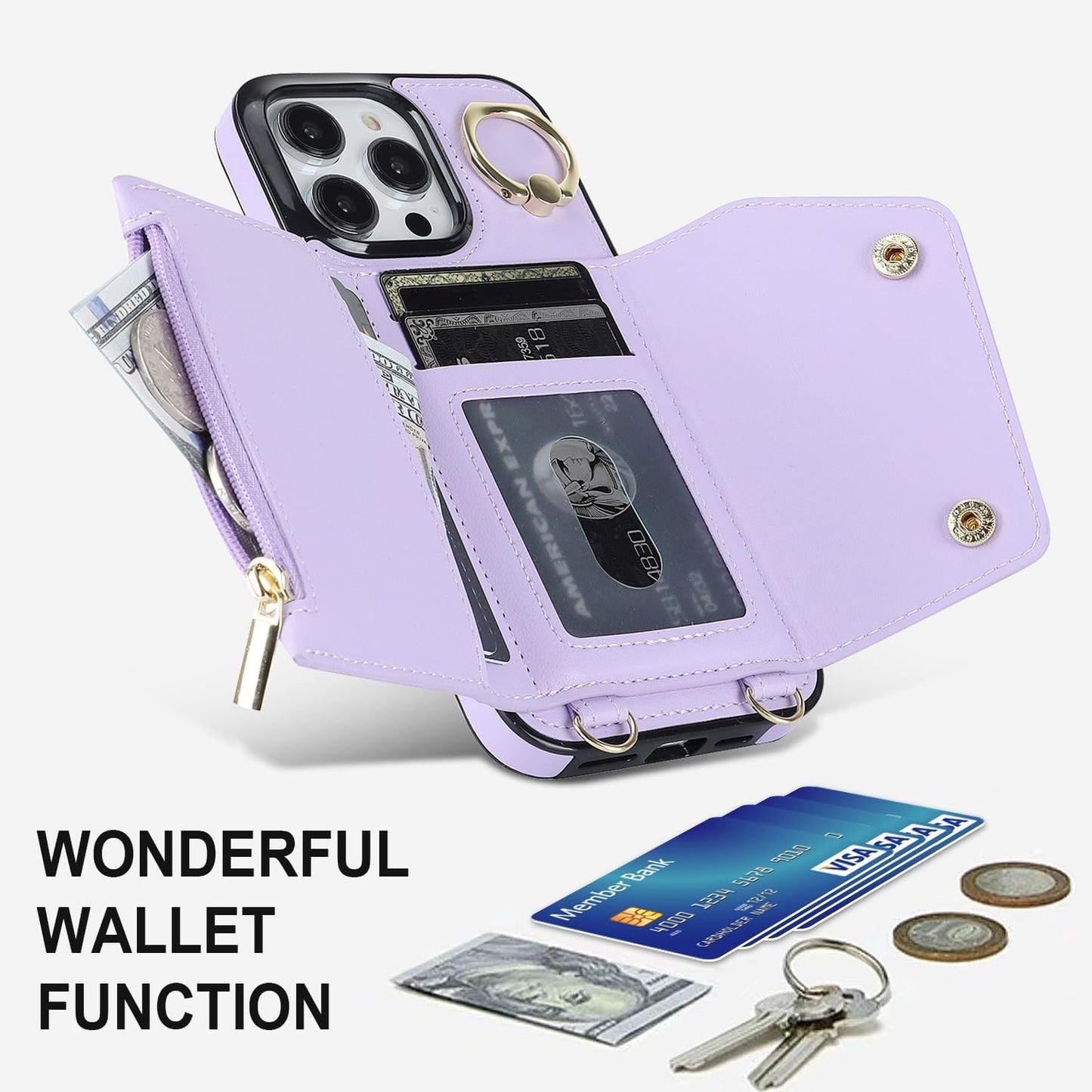 Procarcasa for iPhone 16 Pro Phone Case Wallet with Card Holder,for iPhone 16 Pro Wallet Case Leather Flip Cover Zipper Coin Pocket Kickstand Back Cover with Wrist Strap Lanyard, Purple