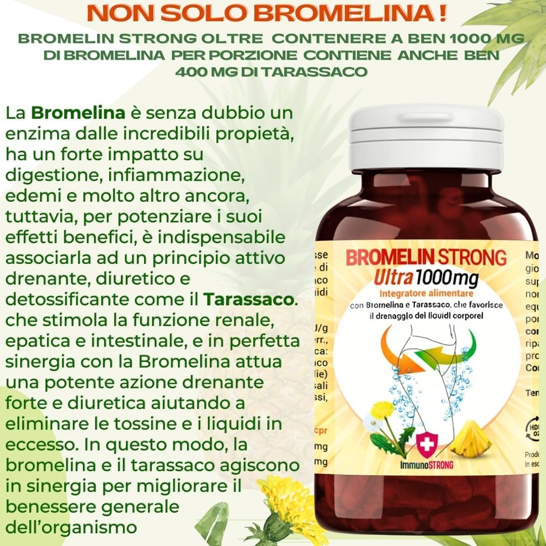 Bromelain Forte Draining - Pure Draining Bromelain High Dosage 5000 Gdu with Dandelion with Anti-Cellulite and Detox Action 120 Tablets 1000 Mg - ImmunoSTRONG
