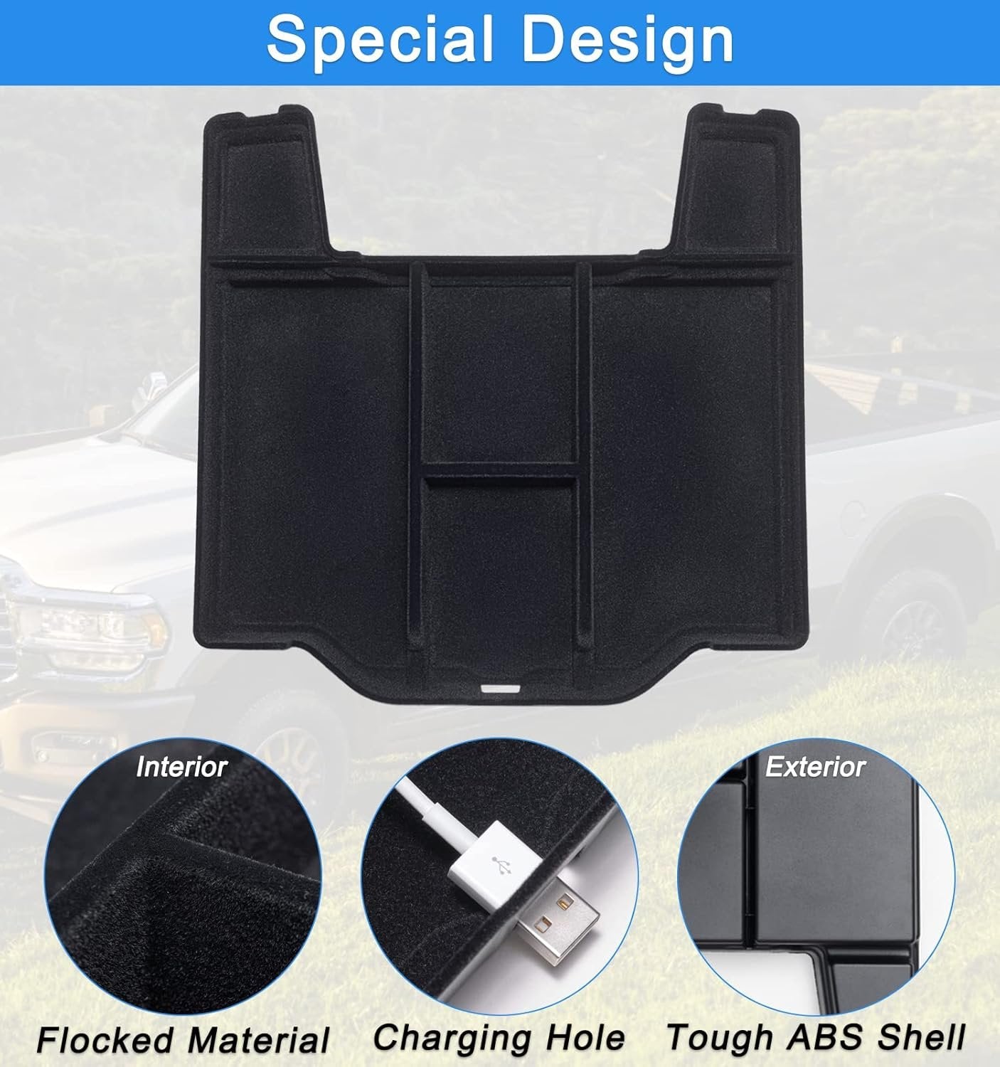 PIMCAR Center Console Organizer Upgrade Flocked Liner Interior Compatible with Dodge RAM 1500 2500 3500 2019-2024 2025 ABS Plastic Material Shell Armrest Box Insert Tray Accessories