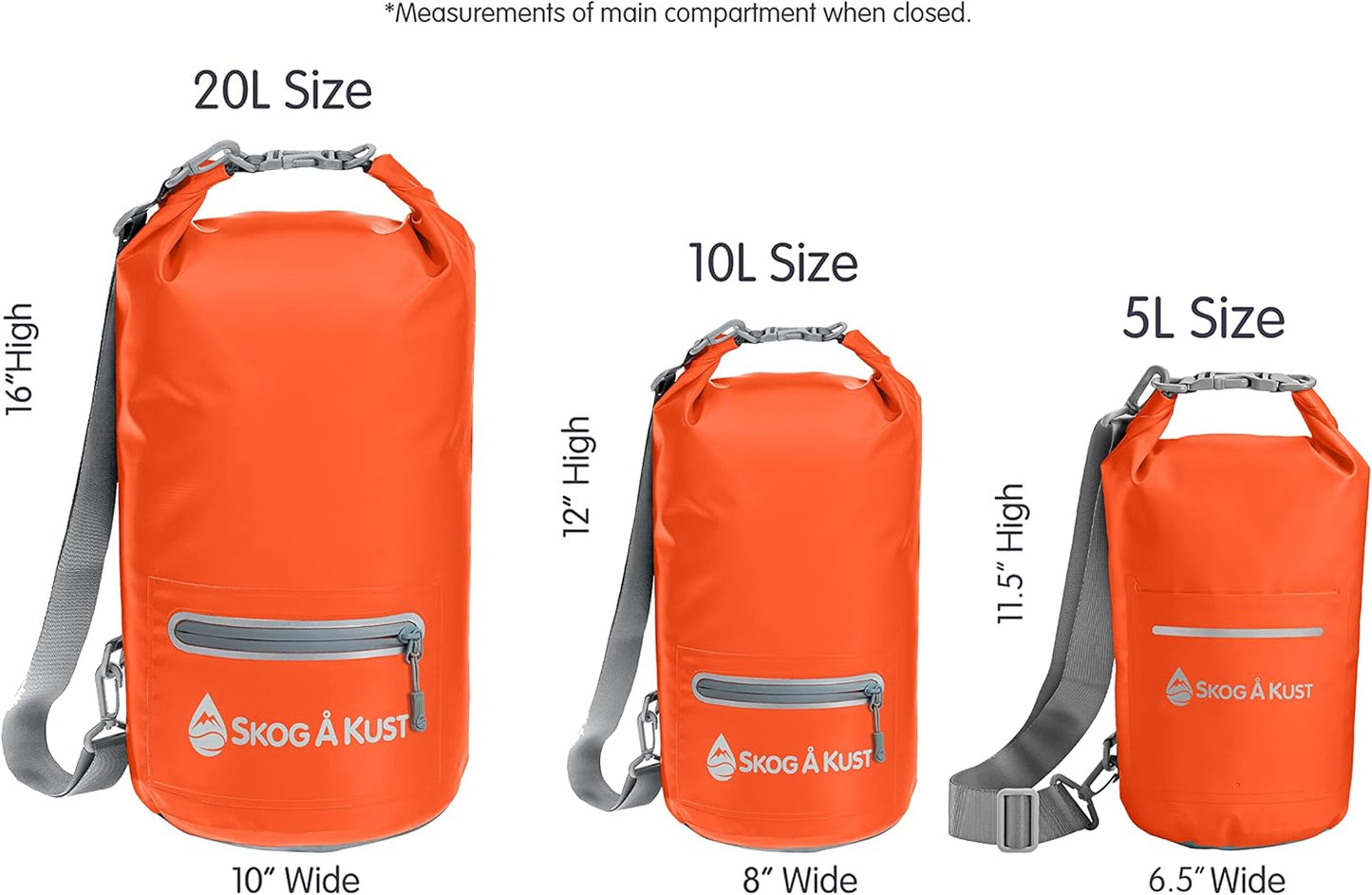 Skog Å Kust DrySak - Roll Top Waterproof Bag for Travel & Outdoors - 10L Orange