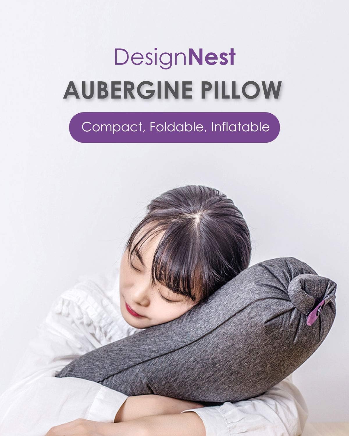 DesignNest Aubergine Pillow, Comfort in a Puff, Inflatable Ergonomic Hug Friendly, Compact Lightweight, for Napping, Lounging, Camping, Home & Travel Pillow, Dorm Decor, Grey