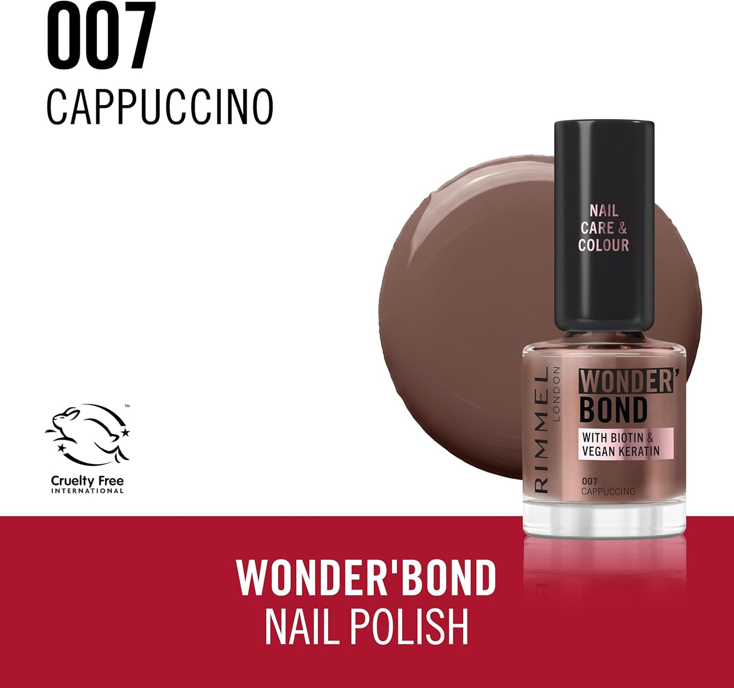 Rimmel Wonder'bond Care+Color Nail Polish, 007 Cappuccino, Regenerates Nails, with Biotin and Vegan Keratin, Modulable, 12 ml