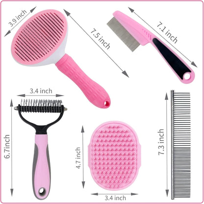 Dog Grooming Brush Shedding Kit - Dog Brush for Long Haired Dogs Short Haired Dogs, Dematting Comb for Dogs, Cat Hair Brush, Shedding and Flea Comb Kit Pink