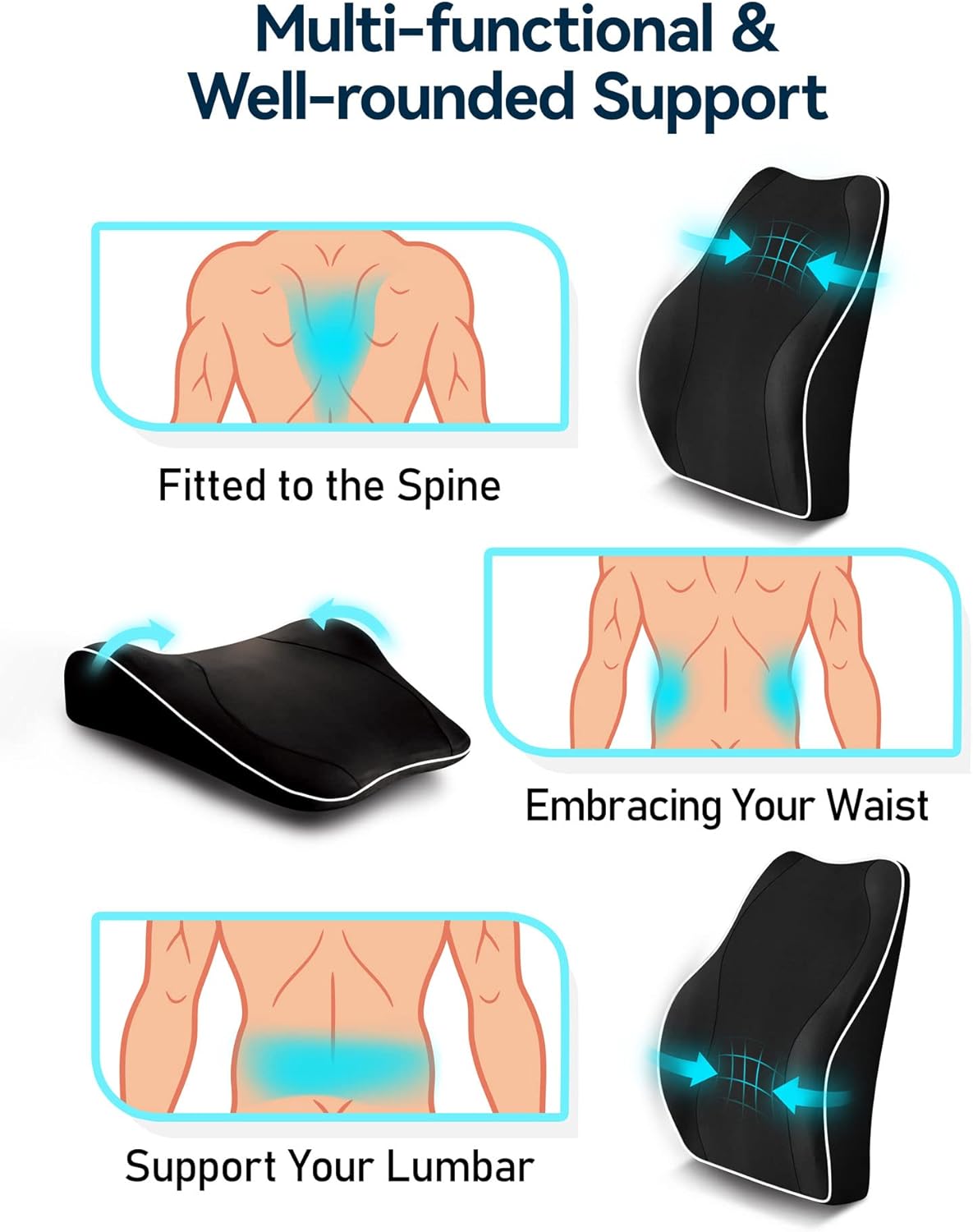 TRAVEL EASE Ergonomic Lumbar Support Cushion, Memory Foam Back Support for Car Seat Office Chair Gaming Chair, Backrest with Skin-Friendly Cover & Dual Adjustable Straps, Black