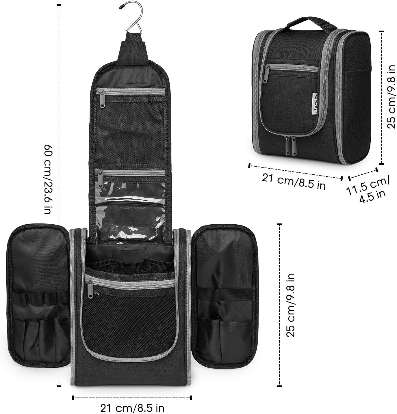 Narwey Hanging Travel Toiletry Bag Cosmetic Make up Organizer for Women and Men (Medium, Black)