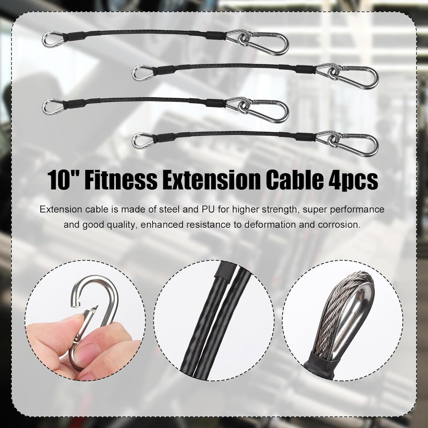 4pcs 10" Gym Extension Cable with Carabiner, Fitness Extension Cable Replacement Compatible with Bowflex Home Gym Machine Accessories for Leg Extension, LAT/Tricep Pull Down