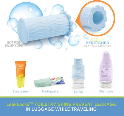 LeakLocks® Toiletry Skins™ Elastic Sleeve for Leak Proofing Travel Container in Luggage. For Standard and Travel Sized Toiletries. Reusable Accessory for Travel Bag Suitcase and Carry-on Luggage, 4 pk