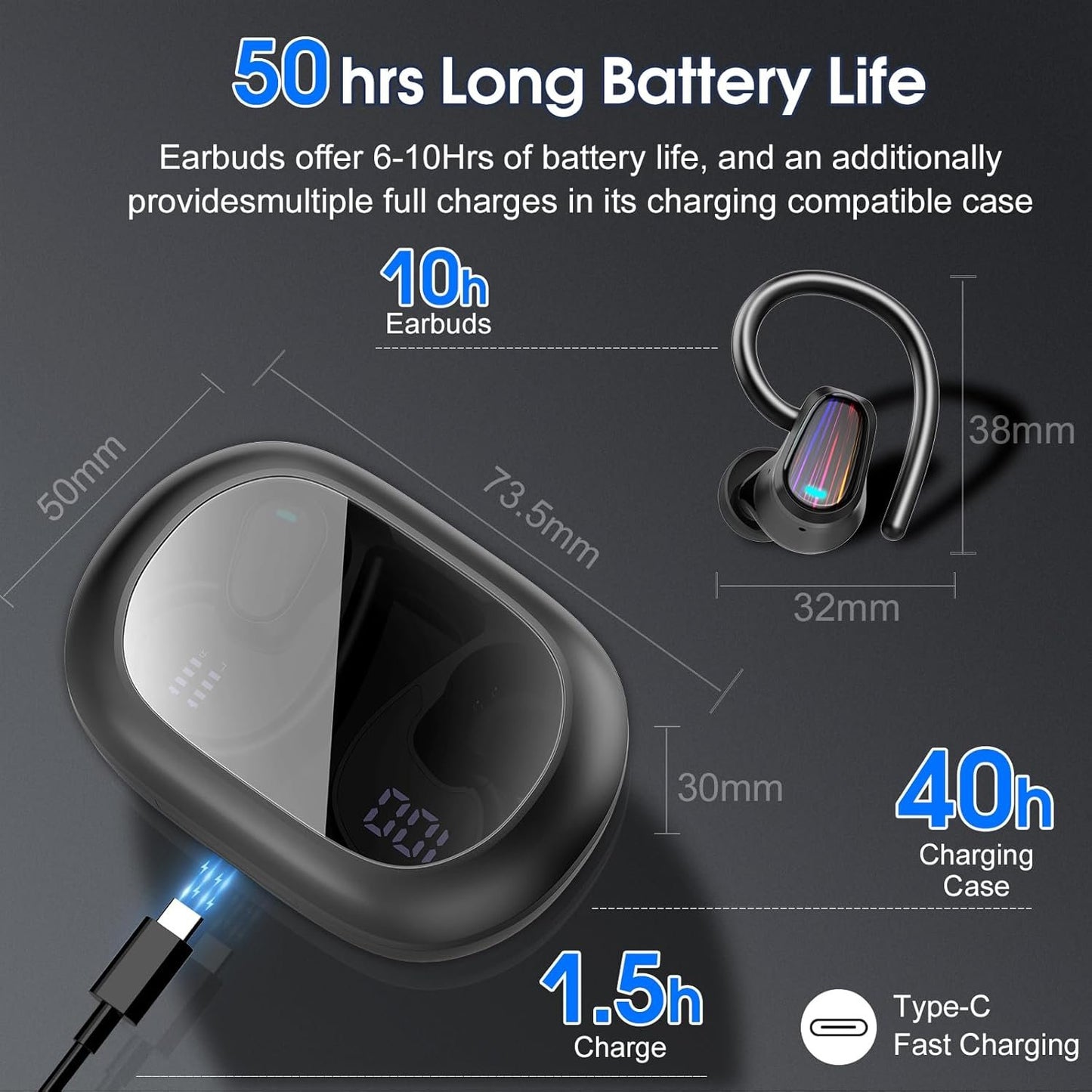 Wireless Earbuds, 50H Bluetooth 5.4 Headphones Sport, Bluetooth Earbuds with ENC Noise Canceling, HiFi Stereo Sound Wireless Earphones with Earhooks, IP7 Waterproof Ear Buds for Sports/Workout/Running
