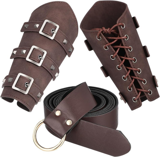 AGFELO Renaissance Accessories 3 Pcs Faux Leather Arm Guards Medieval Knight Ring Belt Adults Gauntlet Wristband for Halloween Cosplay Party Brown, Brown, adjustable