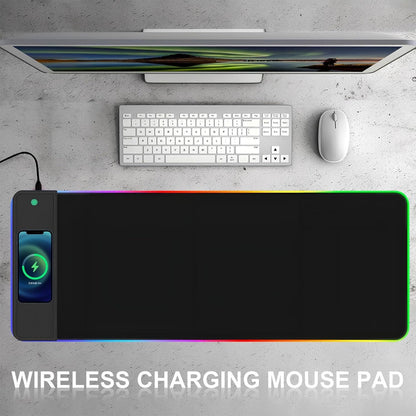 RGB Gaming Mouse Mat 15 W Qi Upgrade Mouse Mat Non-Slip Rubber Foot Mouse Pad Black Waterproof Gaming Accessories with 10 Lighting Modes LED Light for iPhone Pro Mobile Phone, Headphones, Home, Office