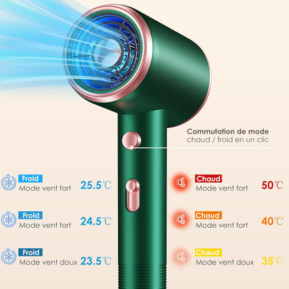 Ionic Hair Dryer, Hair Towel, Folding Comb, Folding Brush, Hair Towels, Hair Dryer with Hot/Cold Button, 3 Temperatures, 3 Speed, Shower Caps (Green)