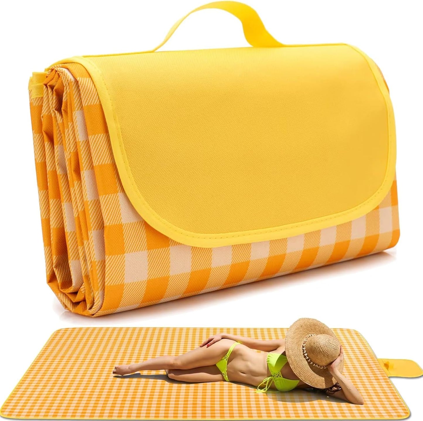 Luimode Picnic Blanket 200x200cm Camping Blanket Large Foldable Outdoor Blanket for Grass, Beach Blanket Waterproof Sandproof, Picnic Mat Washable Portable for Camping (Yellow)
