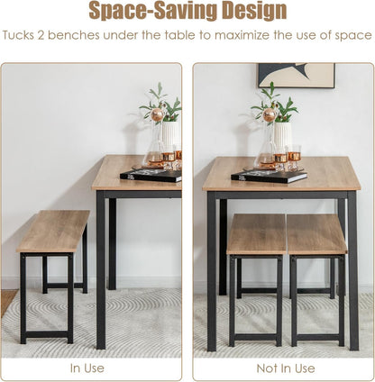 Nafort 3-Piece Dining Table with Benches, Modern Wood Kitchen Table & Benches Set for 4-6 Person, Metal Frame & Wood Tabletop Kitchen Dining Room Furniture Set, Natural &Black