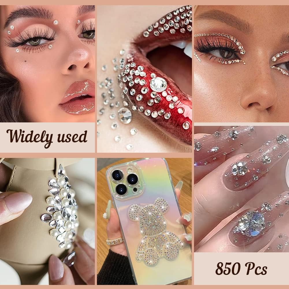 850 Pieces Self Adhesive Rhinestone Gems, Temporary Tattoos Gems Crystals Stickers Make Up for Face Body Eyes, Rhinestone Sticker Festival Accessories Nail Art Decorations (Silver)