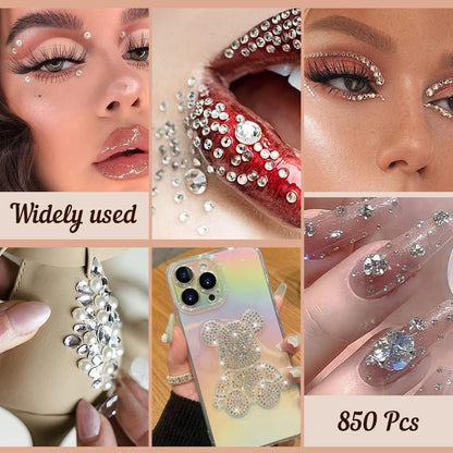 850 Pieces Self Adhesive Rhinestone Gems, Temporary Tattoos Gems Crystals Stickers Make Up for Face Body Eyes, Rhinestone Sticker Festival Accessories Nail Art Decorations (Silver)