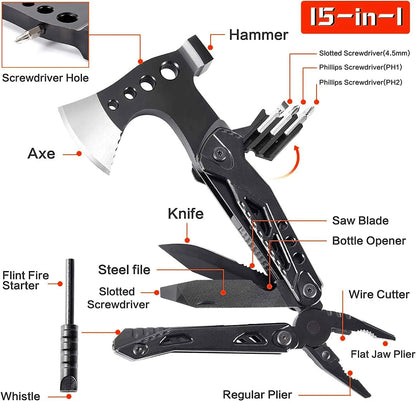 Gifts For Men Dad Husband, Camping Multitool, All in One Hatchet Survival Gear W Hammer Screwdrivers Pliers Bottle Opener Durable Sheath, Fathers Day Birthday Christmas Hunting Hiking