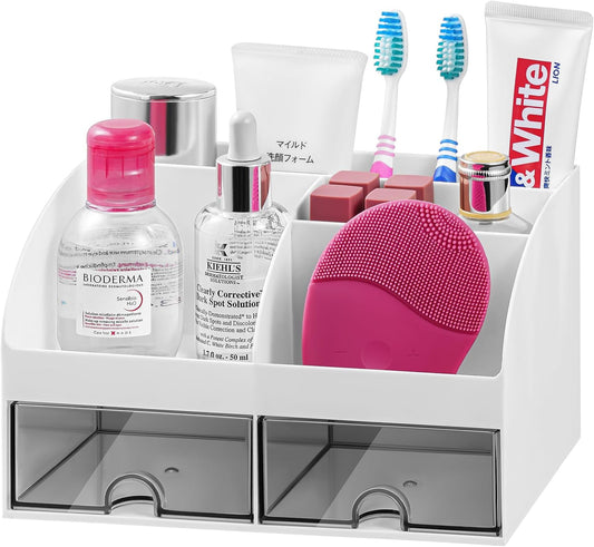 VITVITI Toothbrush Holder for Bathroom Electric Toothbrush Holder 6 Slots Bathroom Organizer 2 Drawers Countertop Toothpaste Holder Cosmetic Make Up Organizer Cosmetic Container
