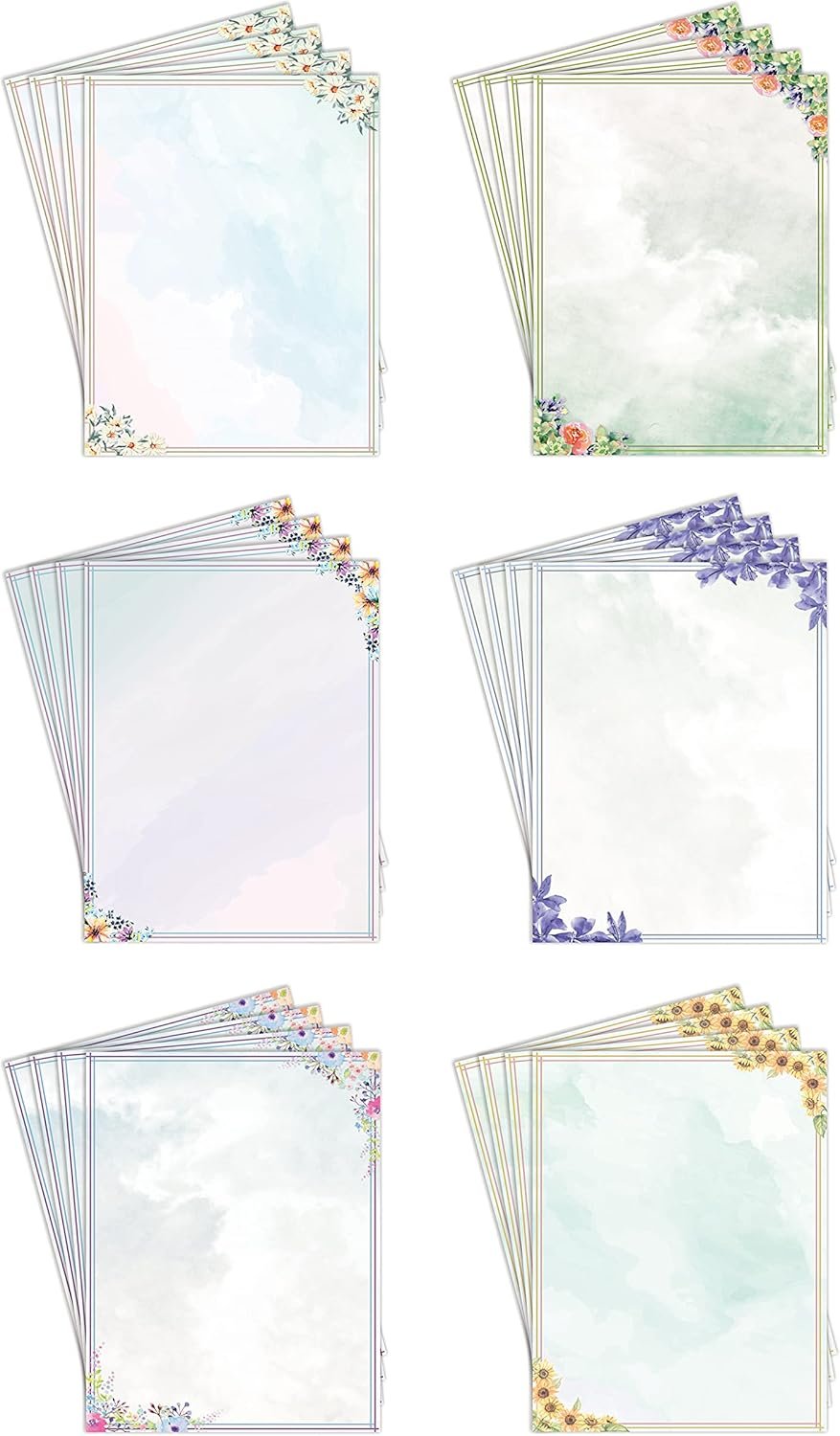 Stationery Paper, 100 Sheets, Floral Letter Writing Stationery, Letter Size 8.5 x 11 inch, 6 Unique Double Sided Designs, by Better Office Products, 100 Pack